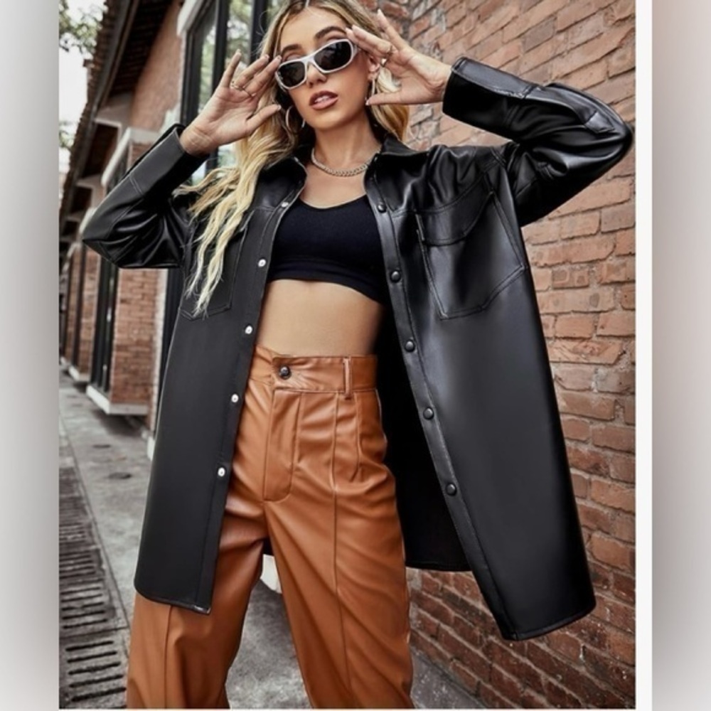 Bellivera Faux Leather Blazer Jacket Oversized Long Sleeve  Vegan Pleather coat